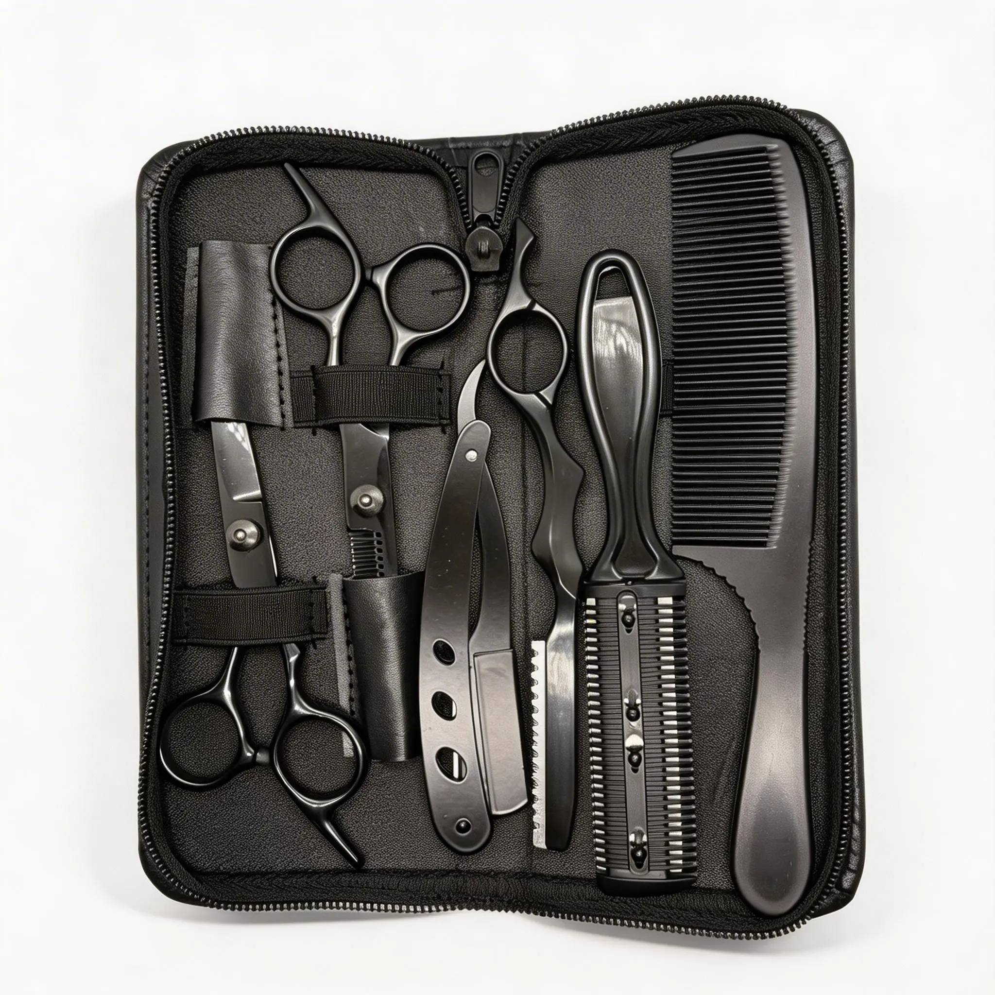 6-Piece Hair Cutting Scissors Kit with Durable Stainless Steel Thinning Shears, Razor, and Combs for Home Barber Styling, Smoothing & Trims for Men and Women, Handle, Curly Hair Tool