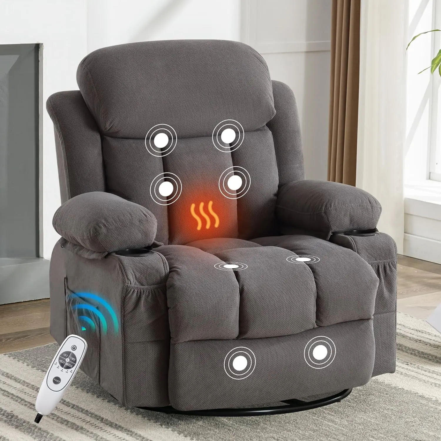 Velvet Swivel Rocker Recliner Chair, 360° Rotation Gliding Nursing Chair with 8-Point Vibration Massage & Lumbar Heating, Pull Handle Footrest, USB Port, Cup Holders & Side Pockets for Living Room, Grey
