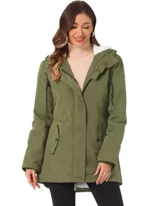 INSPIRE CHIC Women's Parka Coat Tie Waist Pockets Faux Fur Hooded Jackets Army Green