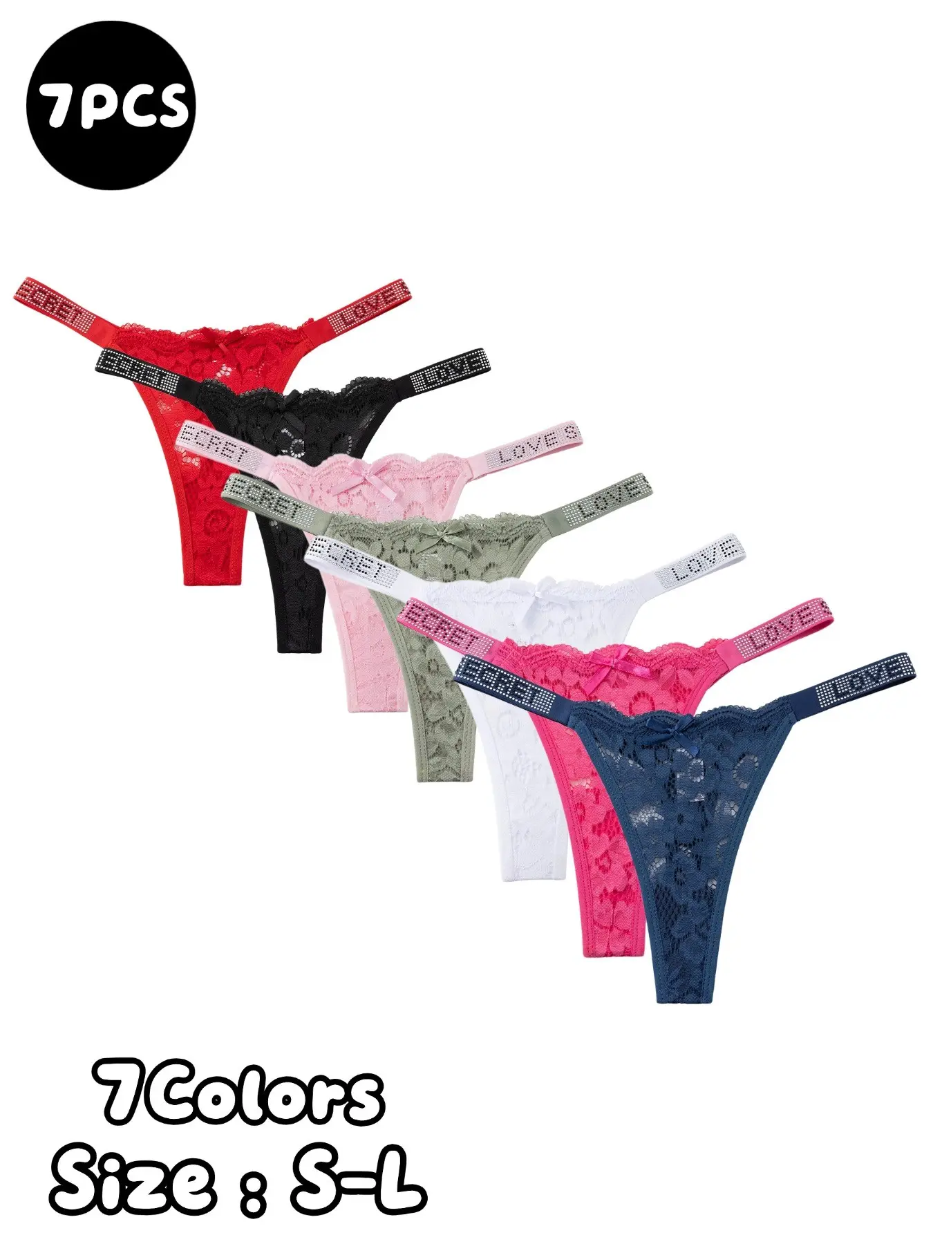 Elegant Floral Lace Women's Panties, Soft Breathable Bikini Lingerie, Cute Bow Design, Low Waist Rhinestone Letter Belt, All Seasons, 7-Pack, Comfy Breathable Panty, Breathable Soft Underwear