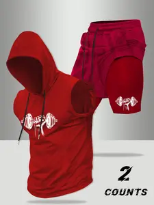 Men's 2-Piece Gym Set, Hooded Sleeveless Tank Top & Faux Two-Piece Shorts, Barbell Strength Graphic Screen Printed Apparel, High-Stretch Breathable Fabric, Slim Fit for Weightlifting, Gym Workouts, Durable Print for Gym Rats, Gym Workout Wear