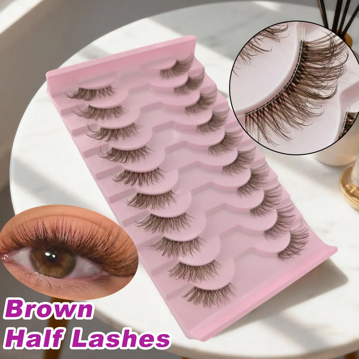 10 Pairs Brown Half Lashes Natural Look Wispy Cat Eye False Eyelashes Fluffy Clear Band Short Fluffy Beauty Eyelash Clusters for Holiday Events Costume Parties