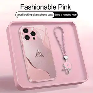 Wave Art 26 letter Phone Case, Suitable for [iPhone 16 Pro] high-end women's, Lanyard a beautiful four-leaf clover lanyard is included🍀 952