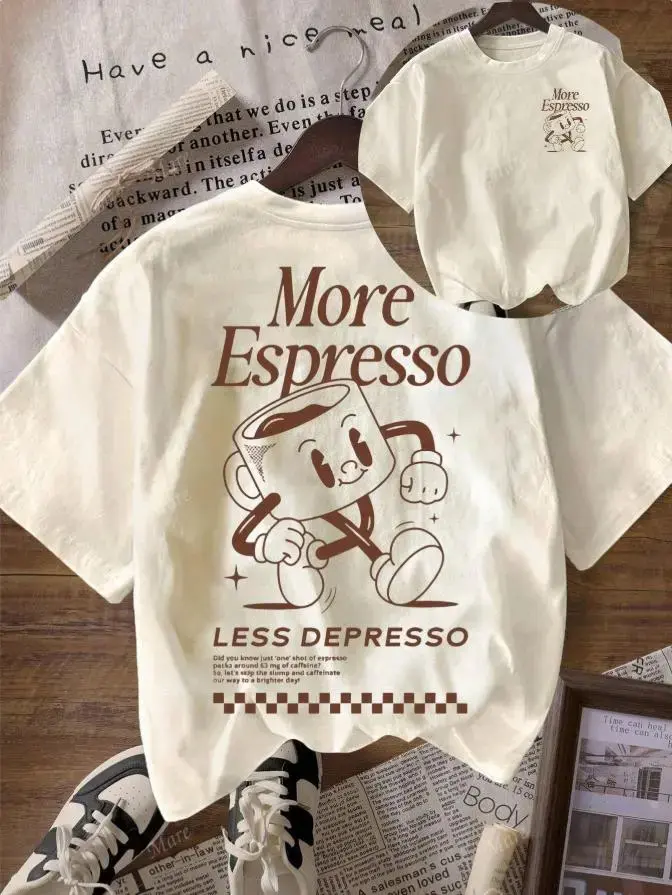 Women's Vintage Cotton Print "More Espresso Coffee Club" Short-Sleeve Round-Neck Casual All-Seasons T-Shirt, Versatile Top, Unisex, Chic, Shortsleeve