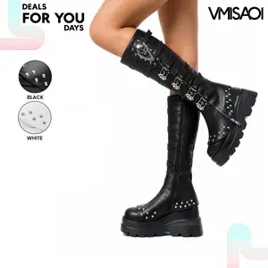 VIMISAOI Knee High Platform Boots For Womens Round Toe Chunky Wedge Heel Side Zipper Skull Buckle Chain Rivets Side Zipper Gothic Punk Trendy Fashion  Concert Rave Festival Motorcycle Cosplay Graduation Comfortable Fashion Shoes Deals For You Days