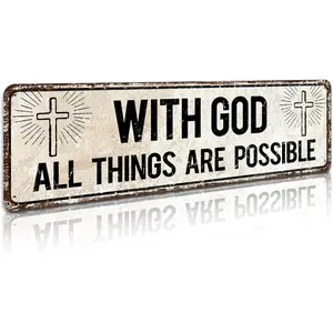With God All Things Are Possible,Religious Wall Decor,Scripture Wall Art,Catholic Christian Gifts for Men, 4" by 16" Aluminium Plaque for Home