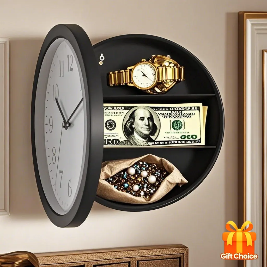 Multifunctional wall clock safe. Features a hidden coin compartment for easy and secure transfer. Versatile for storing cash, jewelry, and valuables. Suitable for home, office, and living room décor. Safe, reliable, and with a vintage style.