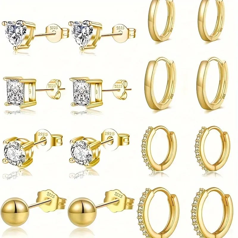 Women's 8-Pair S925 Sterling Silver Jewelry Set - Hypoallergenic Nickel-Free Earrings Hoops, Multi-Shape Cubic Zirconia Studs, Tiny Size Stackable Huggie Cartilage Fit, Studs & Hoops Style Mix for Daily Wear, Party Gift