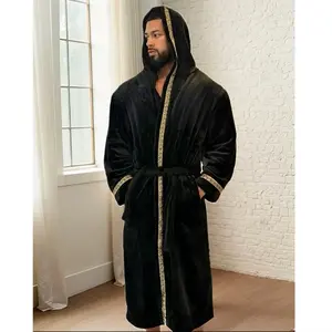 Black Hooded Royalty Robe ~ Mens soft fleece bathrobe with hood and gold Greek key trim ~ casual loungewear for men