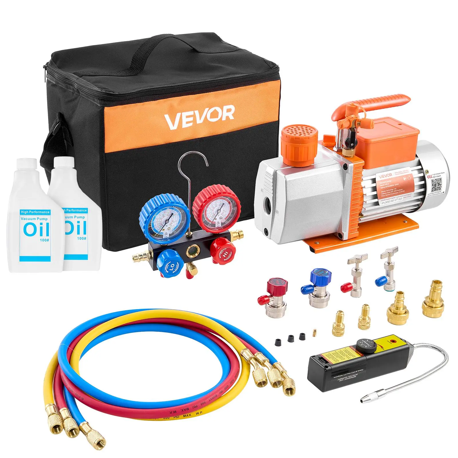 【Summerfinds】VEVOR AC Vacuum Pump and Gauge Set7 CFM 3/4 HPTwo Stage Rotary Vane HVAC Vacuum PumpA/C Manifold Gauge Kitfor R134a R22 R410awith Leak Detector Carry Bag Hosefor Auto HVAC Air Conditioning