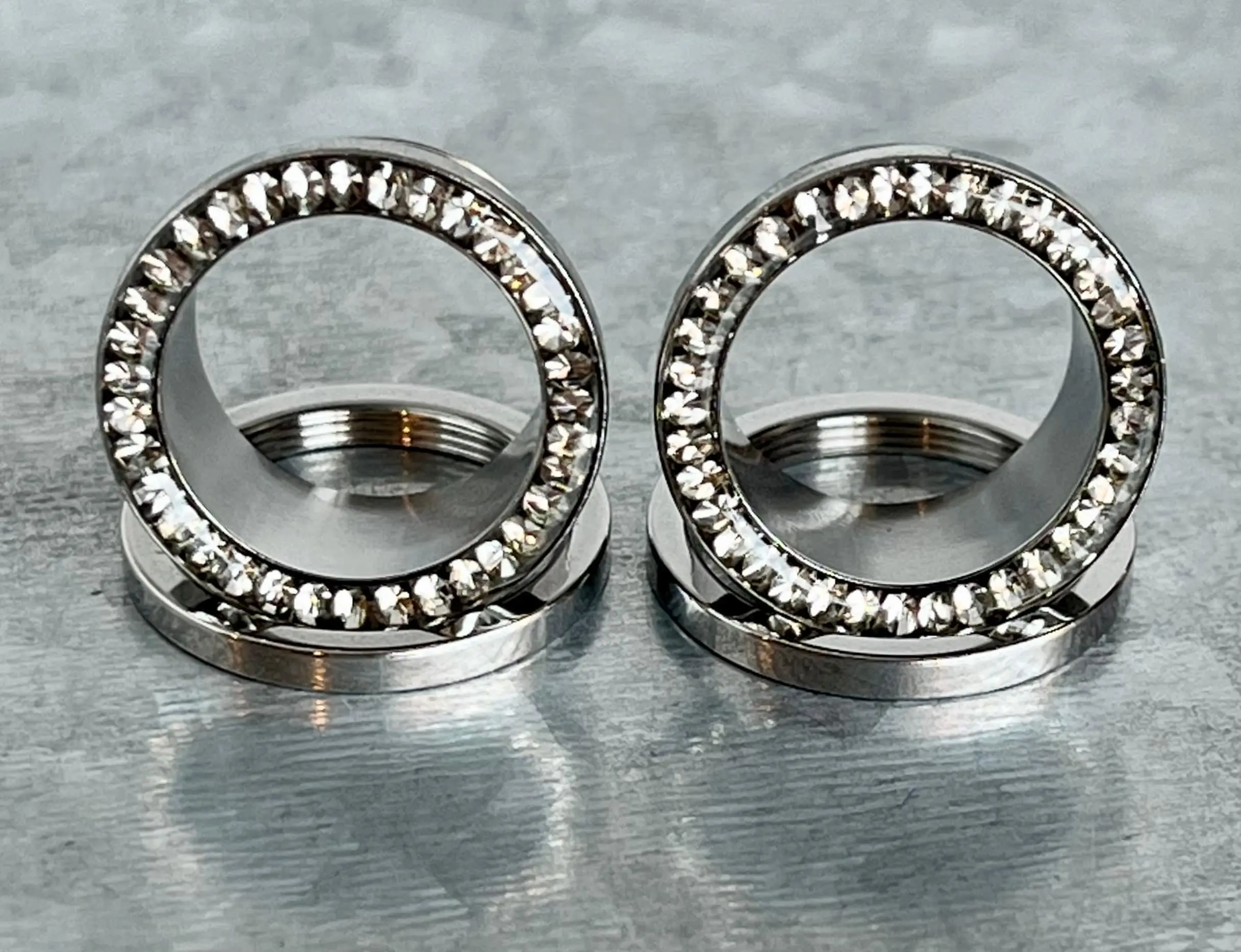 PAIR of Stunning Epoxy over CZ Gem Rim 316L Surgical Steel Screw Fit Tunnel/Plugs - Gauges 8g (3.2mm) thru 15/16" (24mm)
