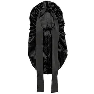 Black Satin Hair Bonnet with Long Tail for Hair Care and Styling