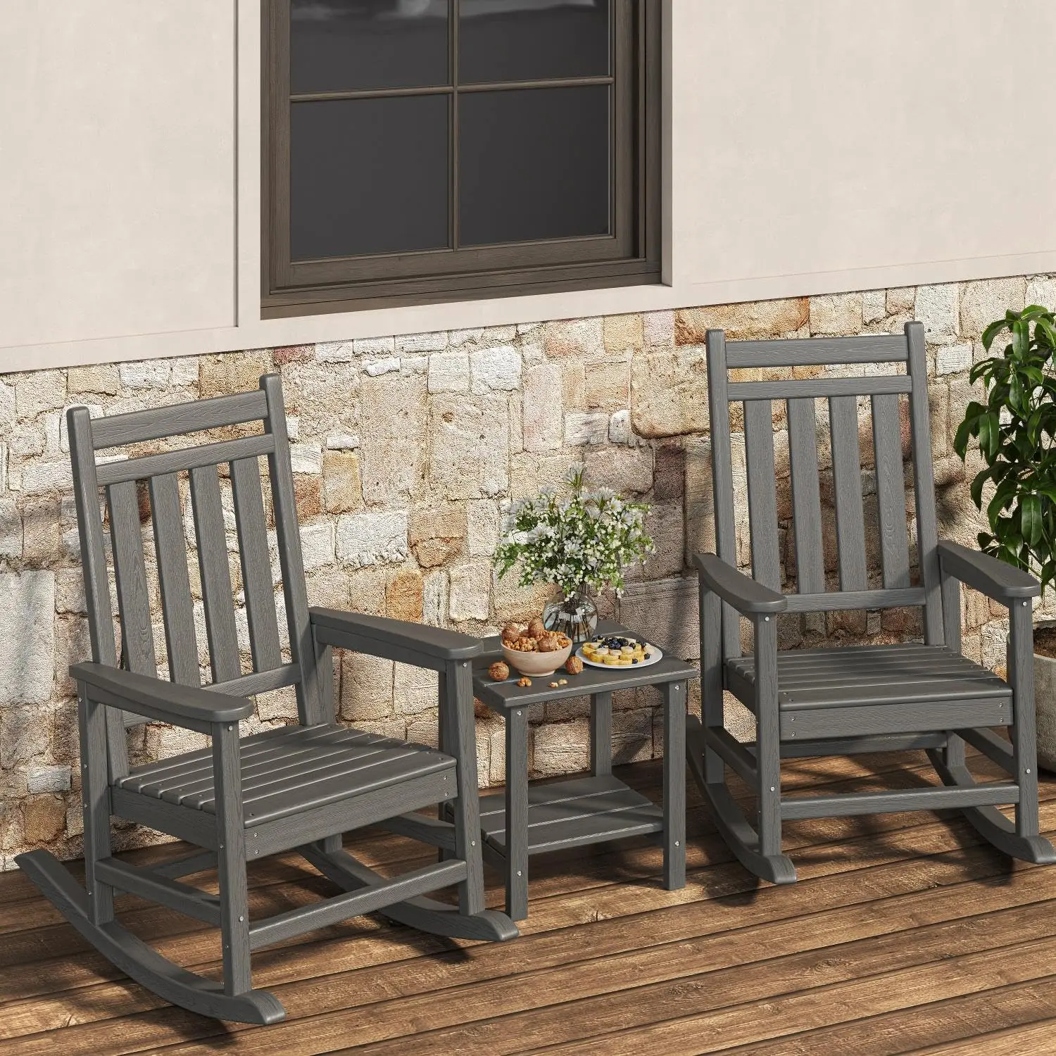 Poly Lumber Rocking Chair Set of 1/2 with Side Table, HDPE High Back Porch Rocker Chair for Adults, All Weather Resistant Ergonomic Adirondack Rocking Furniture for Patio Deck Lawn Backyard Garden
