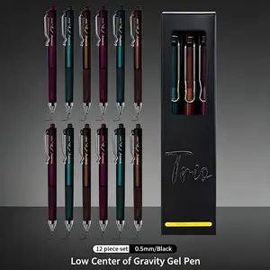 12 low centre gravity retractable gel pens, dark style, dark tones, with soft protective sleeves, comfortable grip that prevents calluses, smooth writing, smudge proof, quick drying, DIY writing with large capacity black gel pens