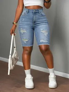 Women's Summer Denim Jeans High Elasticity Mid-Waist Slim Fit Pants, Washed Blue Ripped Design, Casual Style