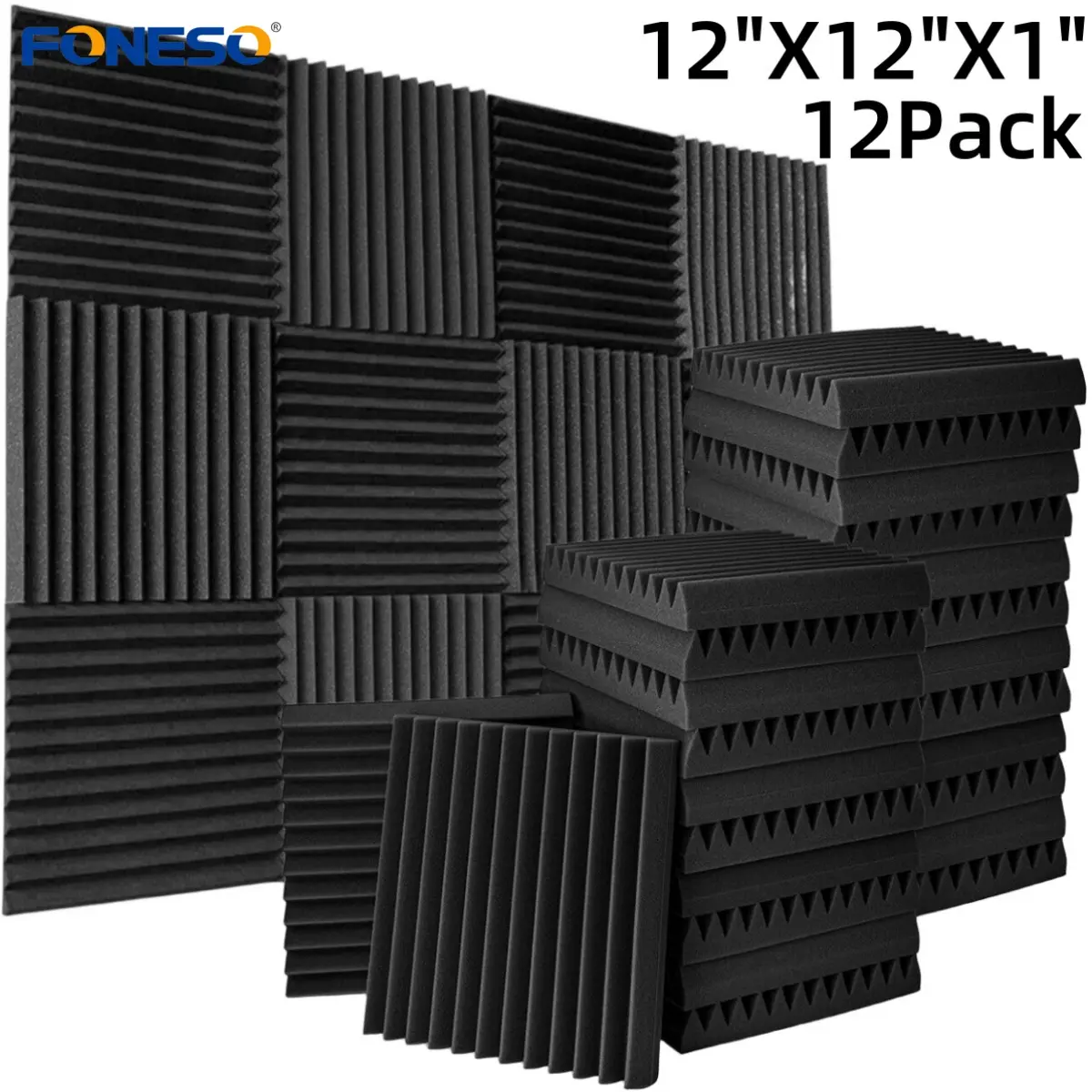12 Pack Fireproof Acoustic Foam Panels with Fireproof Material, 1in x12x12 Wedge Soundproof Tiles, High-Density Sound-Absorbing Panels for Studio & Home Walls/Ceilings