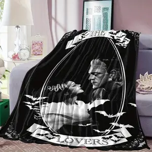 1 Frankenstein Monster and Bride Horror Print Blanket - Soft and Warm All-Season Blanket for Bed, Sofa, Camping and Travel - Retro Horror Movie Design with Bats and Full Moon - Ideal Halloween Gift for Horror Fans limited  stock boyfriend gift