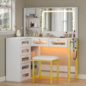 CollaredEagle Vanity Desk with Mirror and Lights,43" Big Modern Vanity Desk, Transparent Top Vanity with 2 RGB Drawers, with Power Outlet & Stool, Modern Ample Storage Dressing Table