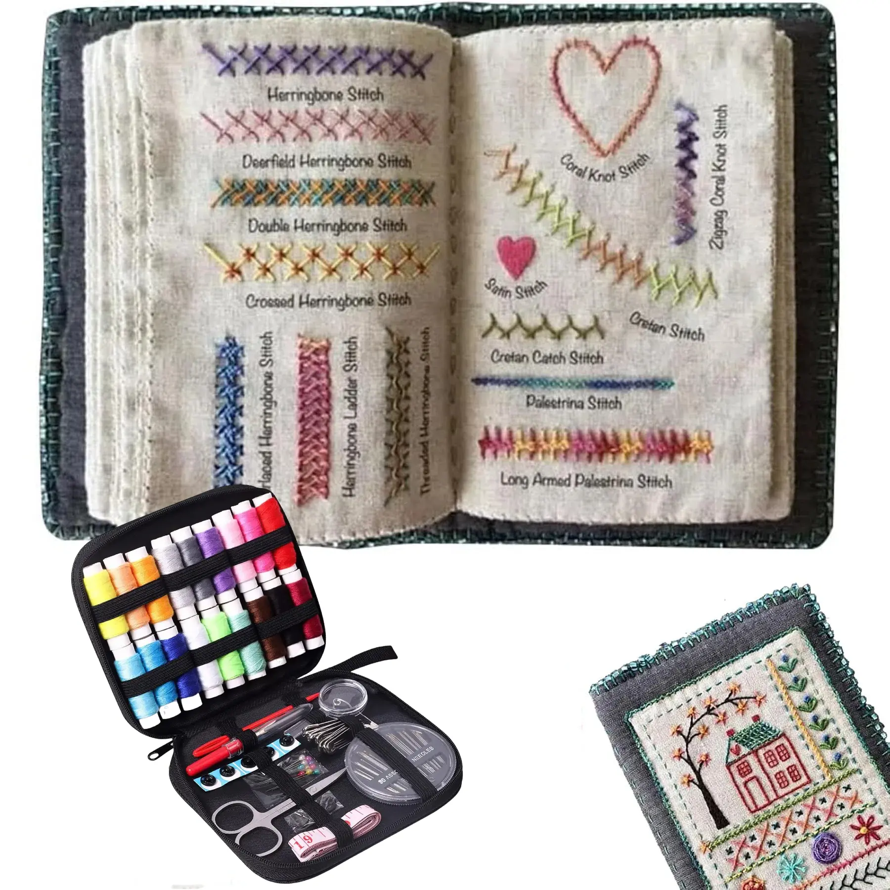 Portable All-Scenario Embroidery Stitch Book + Professional Sewing Kit | Includes 18-Colored Threads, Scissors, Seam Ripper, Measuring Tape, Needles & More Sewing Essentials – 86PCS Complete Set for Beginners & Enthusiasts, Portable & Travel-Friendly