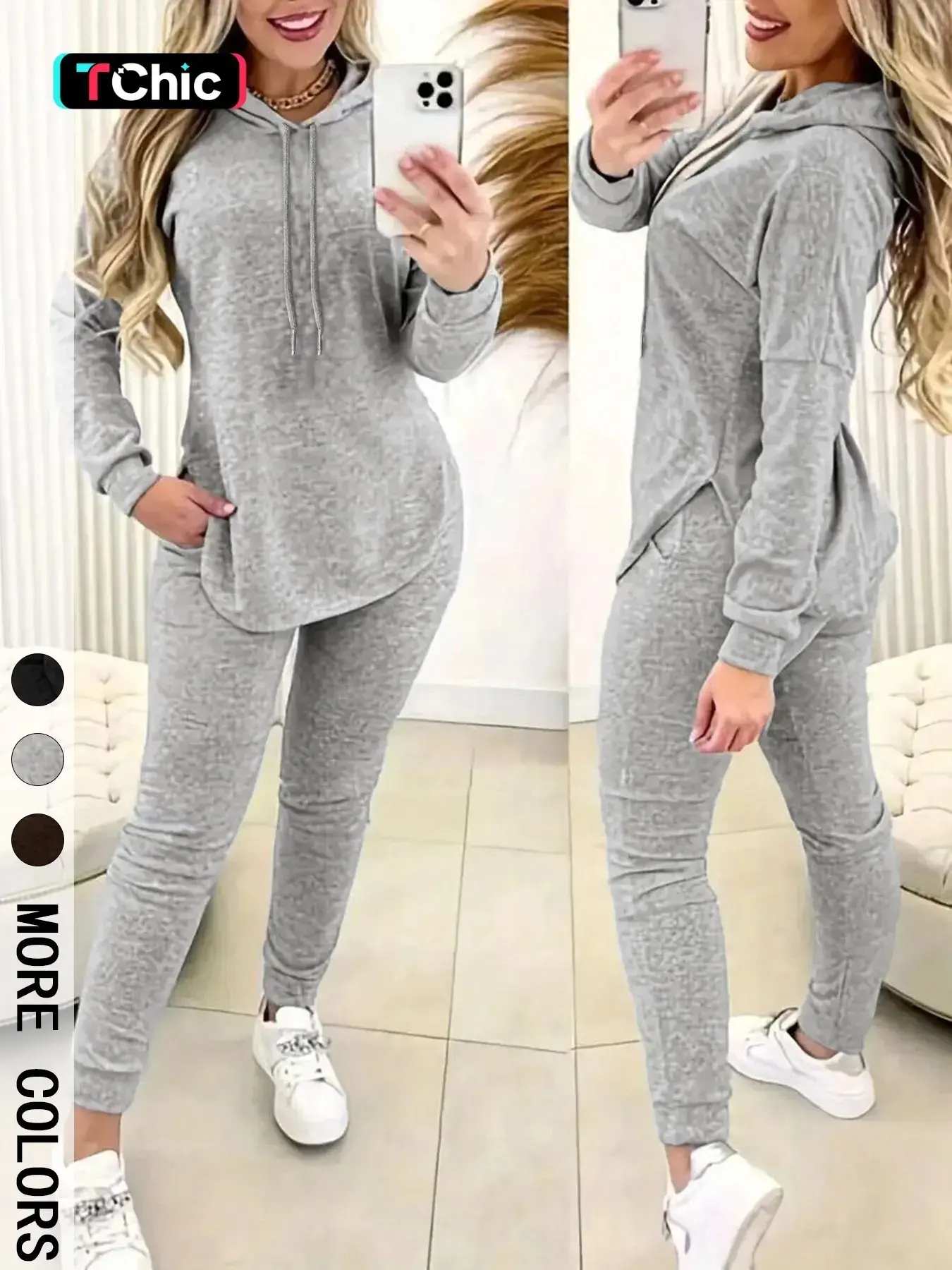 Women's Cozy Casual Fitted Long Sleeve Hoodie & Jogger Set, Soft Knit Fabric & Drawstring Hoodie & Side Slit Detail & Elastic Waist Joggers & Multiple Colors