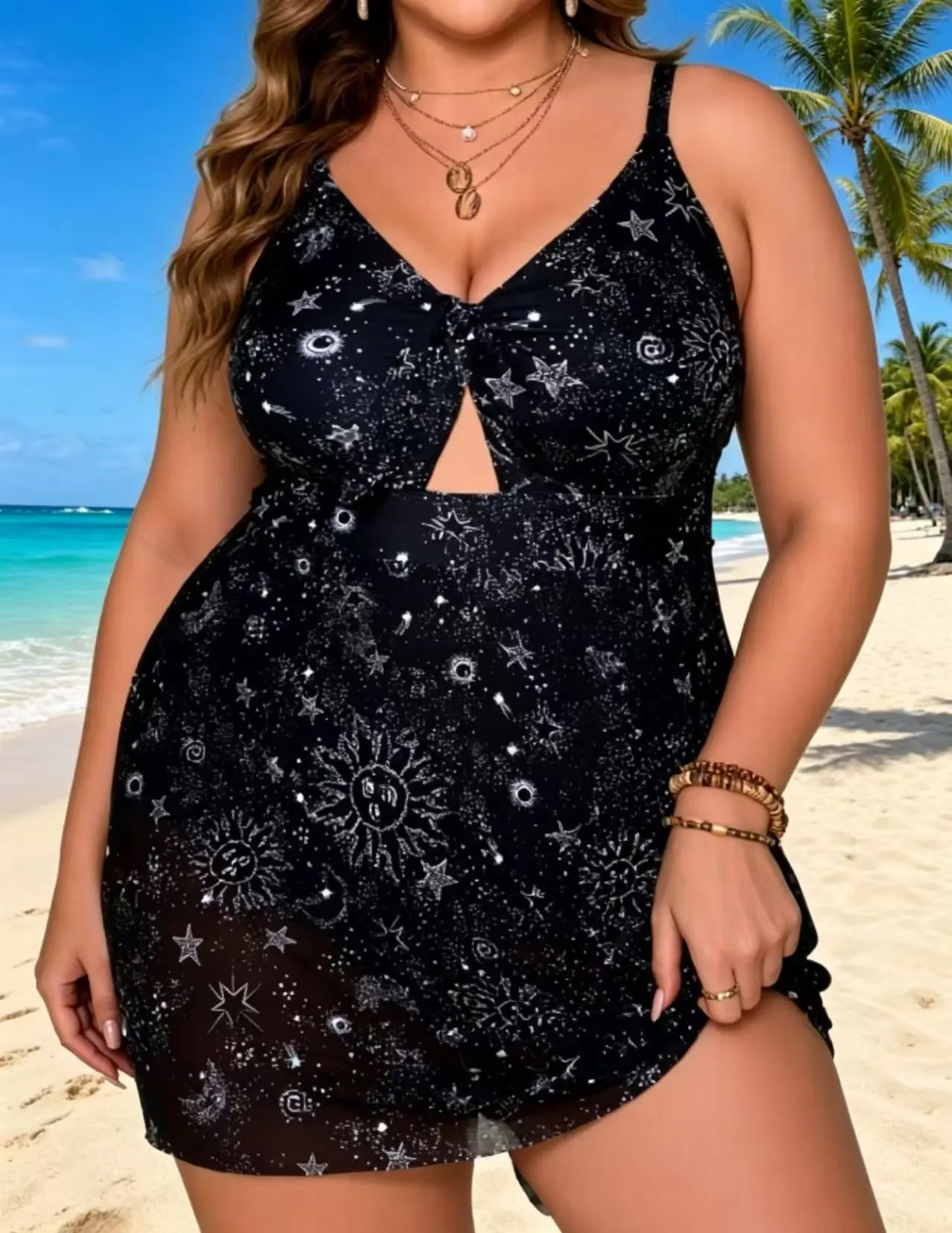 Women's Plus Size Black Print Chiffon Swim Skirt, Tummy Control Full Coverage Swimwear for Beach Vacations & Pool Parties