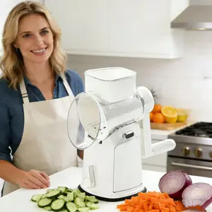 Rotary Vegetable Slicer with Handle, 5 Designed Blades and Strong Suction Cup Base, Mandoline Slicing Kitchen Utensil Retro Green Food Cooking Vegetable Slicer Dicer