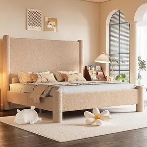 Amerlife Bed Frame, Boucle Upholstered Bed Frame with Charging Station, Platform Bed with Soft Rounded Corners, Easy Assembly, No Box Spring Required,Best Gift Ideas/Christmas Gifts