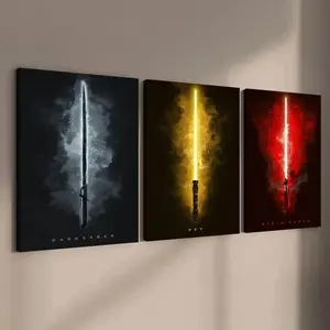 Wooden Framed Canvas Painting, 3 Counts/set Lightsaber Pattern, Modern Wall Art Poster, Home Decor for Living Room Bedroom Office, Decoration