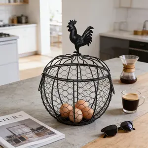 Iron Egg Basket, Portable Egg Storage Basket with Handle and Lid, Home Decor Organizer for Living Room and Dining Room, Wire Storage Basket, Decorative Storage Basket