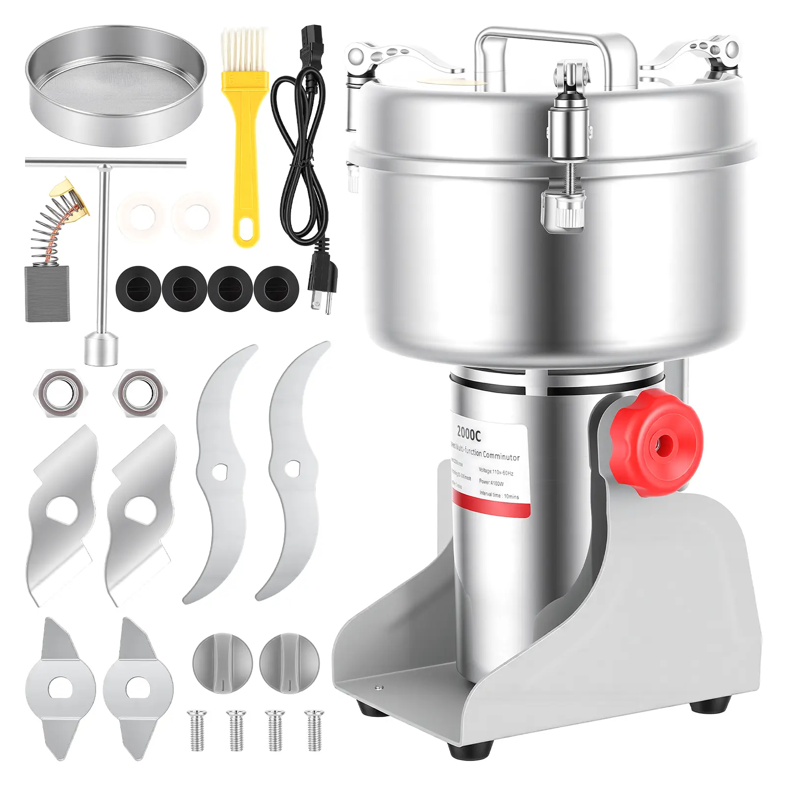 4100W Automatic Electric Grain Mill Grinder - 2000g Stainless Steel Pulverizer, 36000r/min High-Speed Kitchen Appliances for Wheat, Corn, Rice Milling, Coffee Beans, Spices, Rice Milling Machine