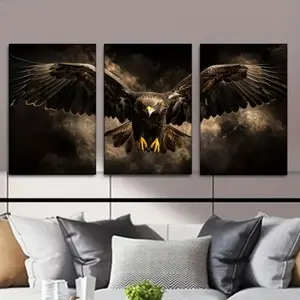 3pcs Canvas Art Set with Wooden Frame, Majestic Eagle Spreading Wings, Dark Sky Background, Classic Style Poster for Living Room