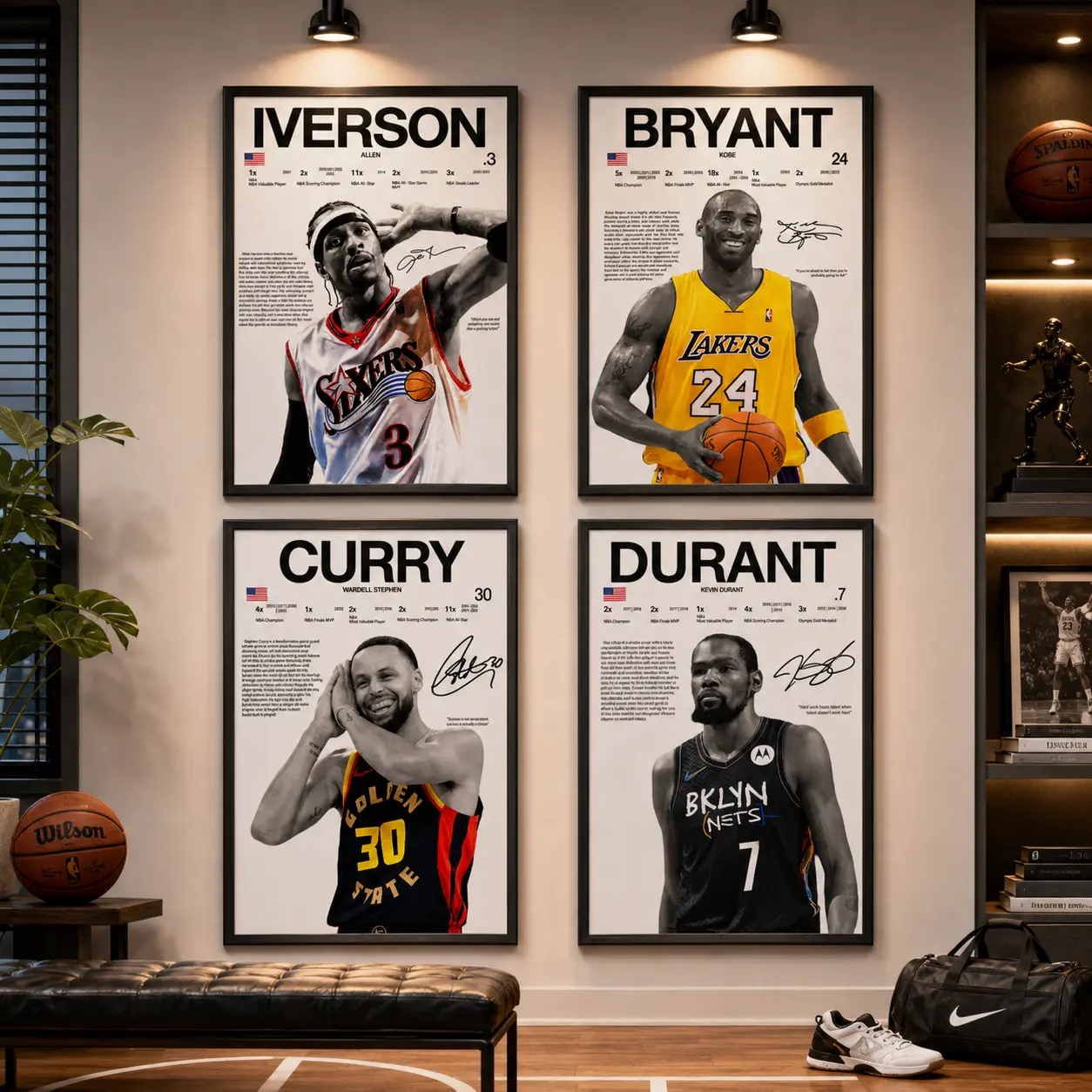 Basketball Star Posters - Iverson, Kobe, LeBron, KD, Curry Themed Home Wall Art Decor for Home Supplies