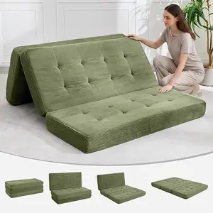 Tri-Fold Memory Foam Sofa Bed - Convertible Floor Futon with Corduroy Cover - 6 Inch Thick Tufted Folding Mattress - Portable Twin Guest Bed for Adults, Bedrooms, Living Rooms, RVs, Camping, 39"x75", Green/Black/Grey