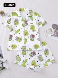 Women's 2-Piece Pajama Set, Nightwear, Pjs, Cartoon Print, Casual Fitted Style, Short Sleeve Shirt & Elastic Shorts, Comfortable Home Wear, Loungewear, Romantic Gift, Homewear