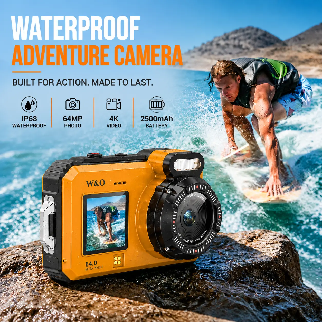 64MP 4K Waterproof Action Camera 17ft Underwater, Dual Screen Action Camera with 2.8” HD Display + 1.4” Selfie Screen, Built-in Fill Light, 2500mAh Battery, 360Min Recording Camera for Surf Diving Travel