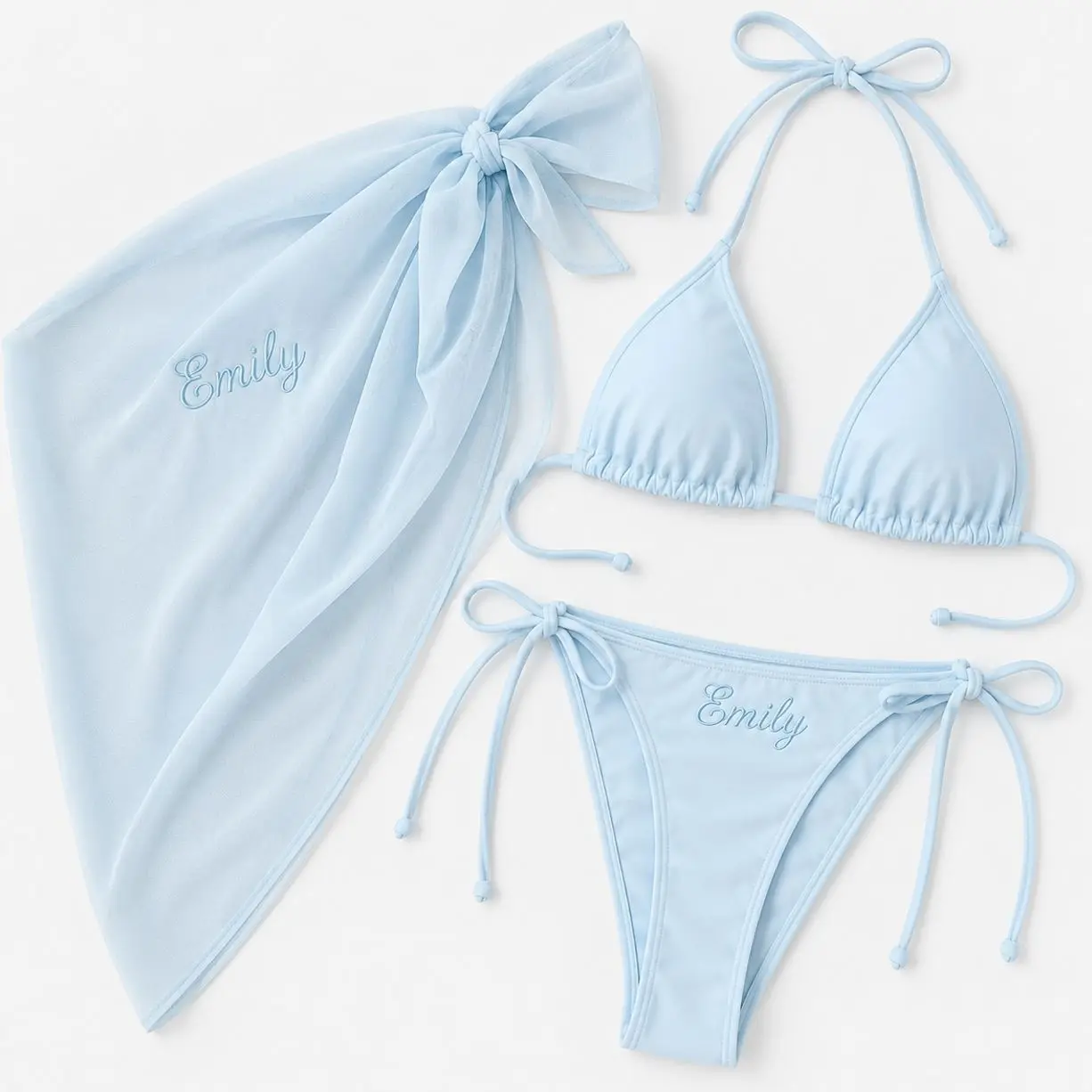 Bride Bikini Set with Matching Sarong, Custom Name Embroidery Tie Side Swimwear for Honeymoon Beach Vacation