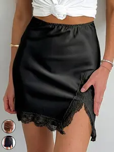 Women's Solid Color Stretch Satin Lace Trimmed Split Mini Skirt, Stretchy Fitted Bodycon Skirt, Elegant and Alluring Design, Perfect for Special Occasions, Womenswear