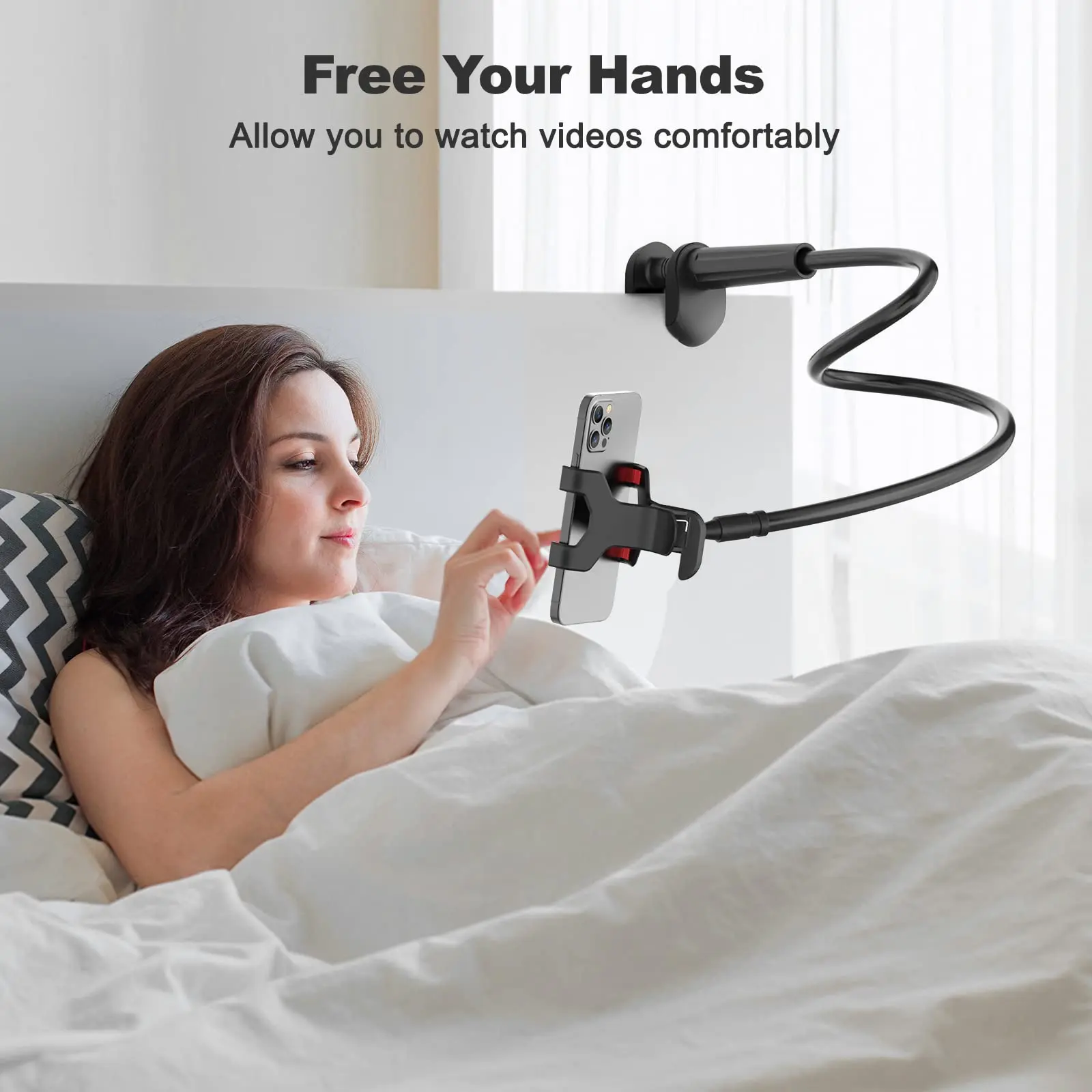 360° Rotating Ergonomic Lazy Bedside Gooseneck Phone Stand - Durable Adjustable Mobile Phone & Tablet Holder with Heavy-Duty ABS Clamp for Bedframe, Desk, Smartphone