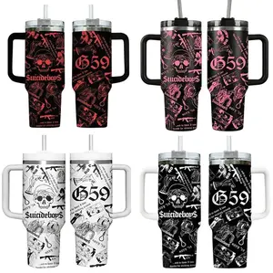 Collection SuicideboyS G59 Skull Aesthetic 40oz Tumbler With Handle, Underground Rap Merch Cup, Dark Trap Goth Style Travel Mug, Flasks Gift For Grey Five Nine Fan ,Muticolor Collage Design Stainless Steel Insulated Tumbler For Music Fans