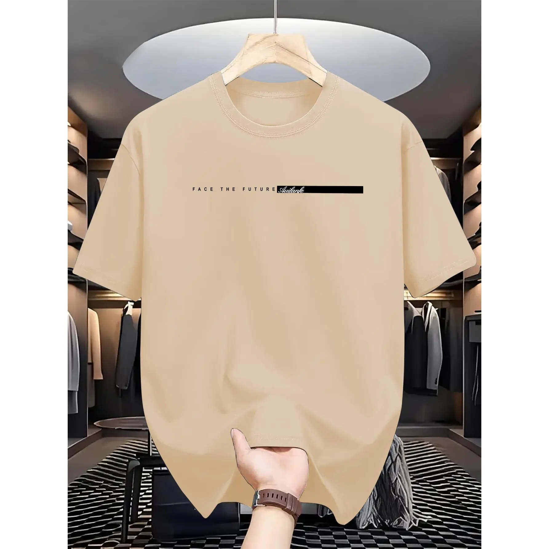 Men's Graphic T-Shirt with 'Face the Future' Print, Casual Short Sleeve Regular Cut Polyester Knit for Summer Wear, Graphic Tee, Round Neck, Fabric, All Over Print, Dry Clean, Xl, Shortsleeve, Tshirt