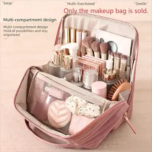 Quilted Large-Capacity Makeup Bag, Portable Handheld Cosmetic Organizer, Travel Toiletry Bag, Multi-Functional Skincare Storage Pouch, Minimalist Solid Color Cosmetic Case