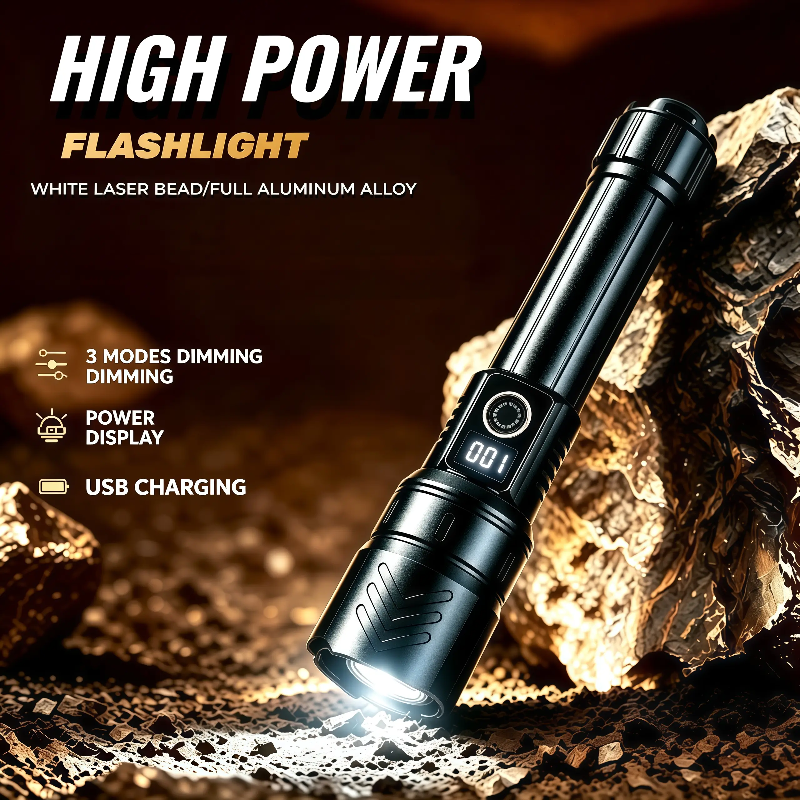 Heavy-Duty Aluminum Alloy Tactical LED Flashlight, USB Rechargeable, 3 Light Modes, Zoomable Adjustable Beam, Digital Power Display, for Camping, Hiking