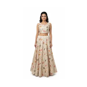 #K21 Embroidered Ivory Lehenga Set – 2‑Piece Crop Top & Flared Skirt