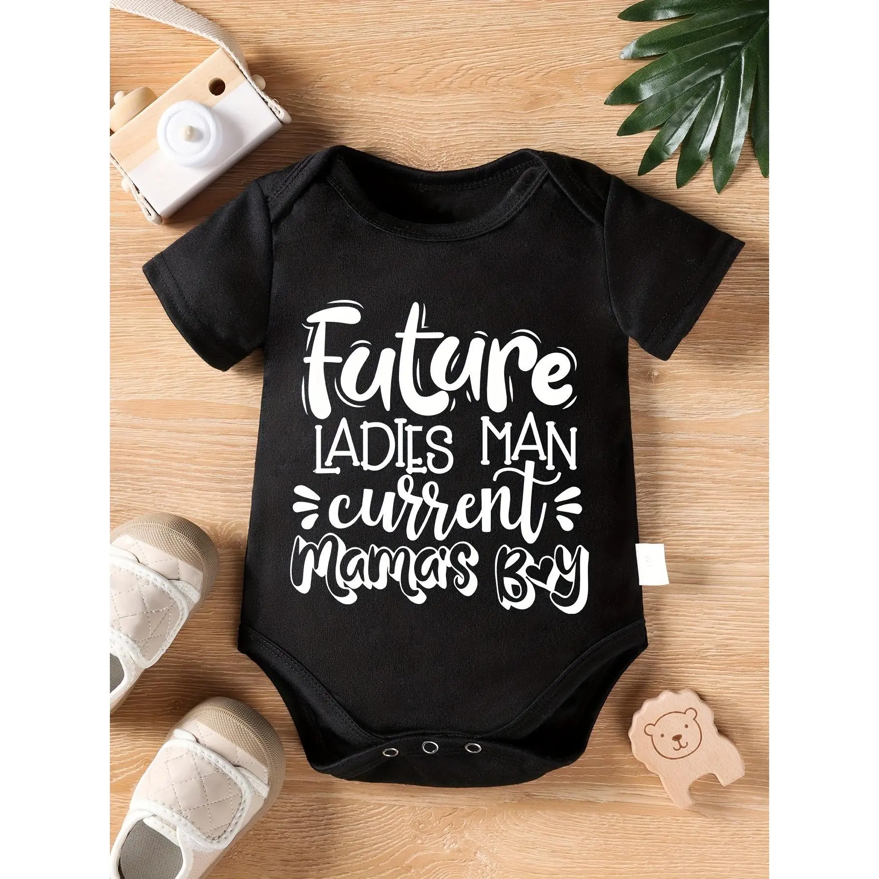 Cute Baby Bodysuit with Future Ladies Man Current Mamas Boy Print Soft Versatile Round Neck Button Detail Regular Fit All Seasons Knitted Fabric Onesie for 0-12 Months