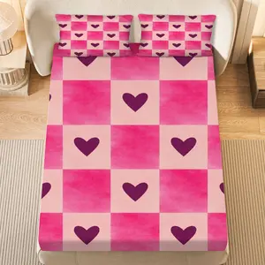 3Pcs Pink Heart Checkered Fitted sheet Three Piece Set (1*Fitted Sheet+2*Pillowcases, Coreless), Valentine theme, Romantic Soft Bedding Set, Mattress protector Soft, Breathable