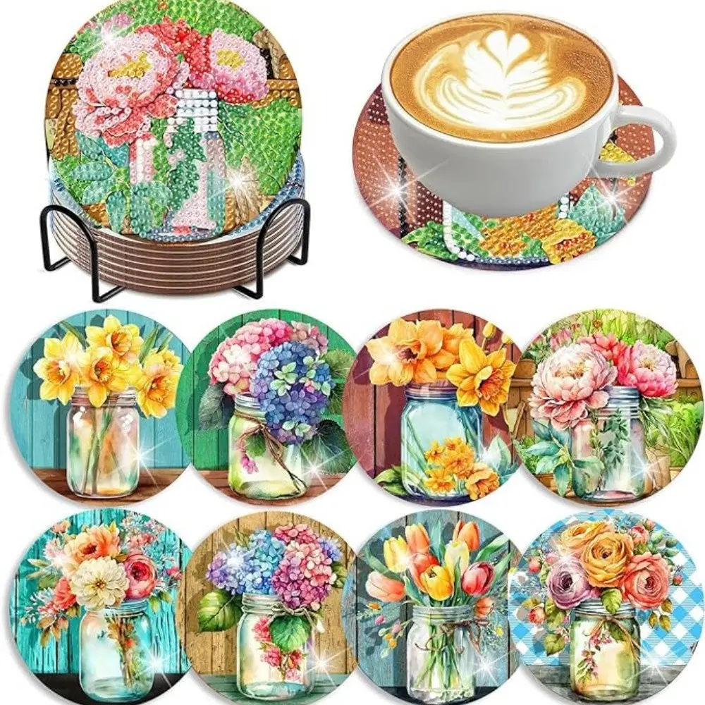 8-piece/set flower pattern diamond painted coaster set, Decorative Coaster, sparkling rhinestone heat-resistant drink mat with stand, DIY coaster for beginners, diamond kit craft supplies, artificial diamond art craft supplies, gift