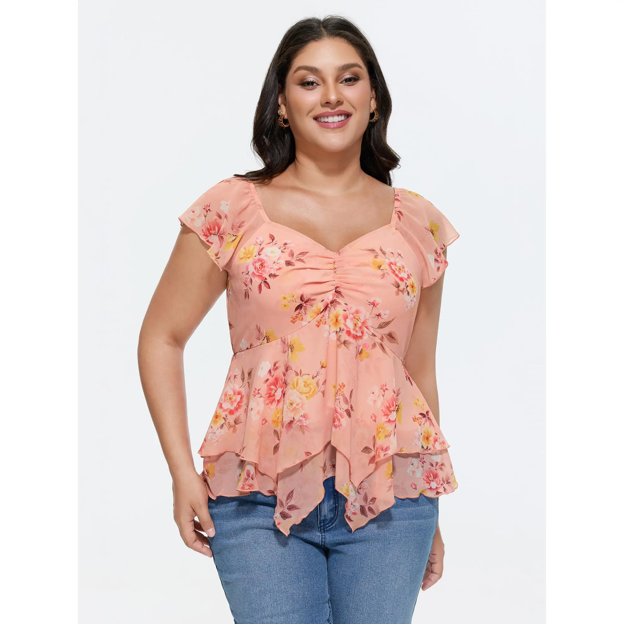 BloomChic Plus Size Tops for Women, Romantic Floral Blouse with a Ruched Sweetheart Neckline and Ruffle Cap Sleeves, Breathable Everyday Garment, Simple, Shirts, Fabric, Women's Clothes, Plus Size Clothes, Cute Tops For Women, Curvy Clothing