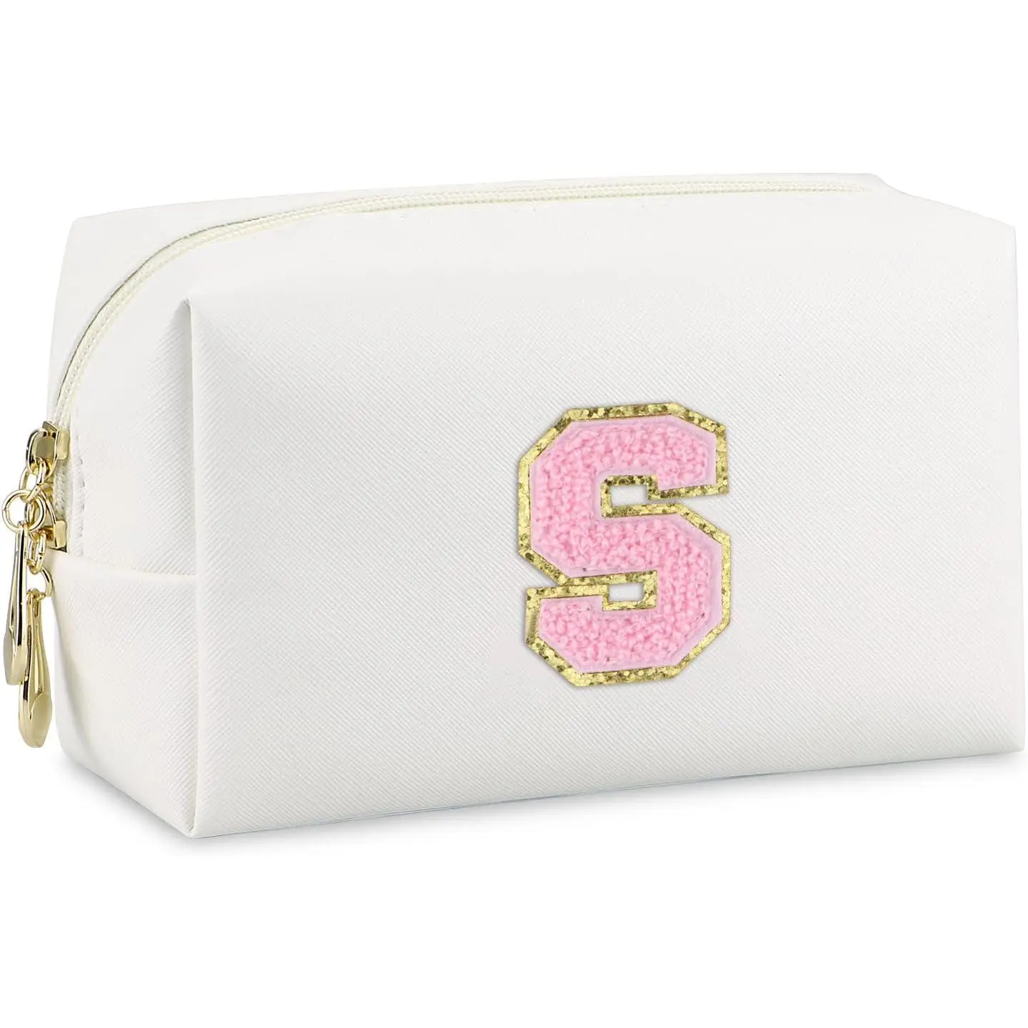 Initial Makeup Bag,Personalized preppy bag  PU Leather Chenille Letter  Bag,Portable Travel Toiletry Bag Monogram Birthday  for Women Girls Mom Friends (Letter S)