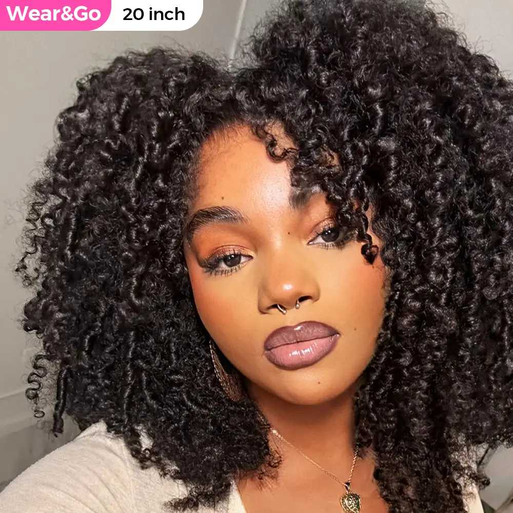 CurlyMe Wear Go Glueless Afro Kinky Curly Human Hair Wig Pre Bleached Tiny Knots Pre Cut 7X5 HD Lace Front Wig Pre Plucked Natural Hairline Beginner Friendly - Natural Black #DealsForYouDays