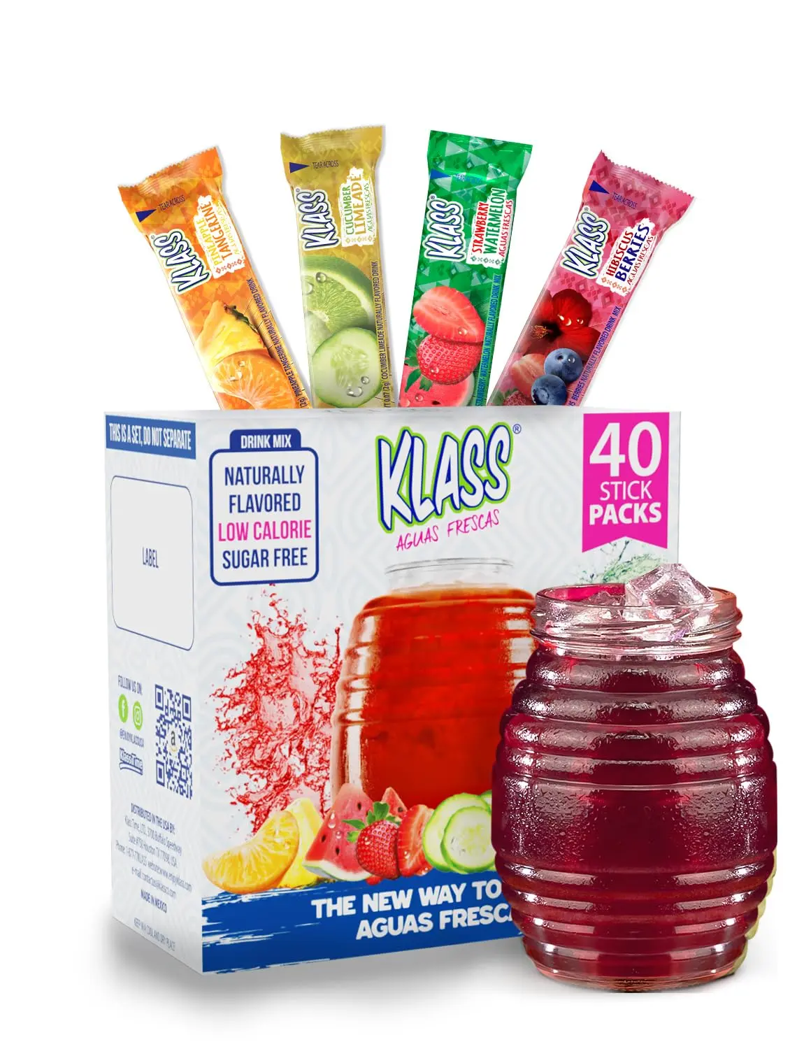 Klass Aguas Frescas Zero Sugar Powdered Drink Mix Variety Pack, 40 Single-Serve Packets, Caffeine Free Water Flavor Mix, Natural Flavors, Cucumber Lime, Strawberry Watermelon, Hibiscus Berry, Pineapple Tangerine, 5 Calories Each